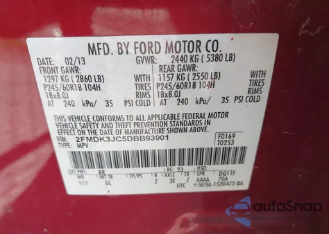 2013 Ford Edge Sel из США, поврежденный, VIN 2FMDK3JC5DBB93901